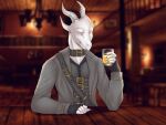  2021 anthro bar belt beverage blind claws clothed clothing coat collar digital_media_(artwork) dragon eyeless fingerless_gloves fully_clothed glass glass_of_juice gloves handwear hi_res holding_object horn inside len4ik555 male orange_juice saren_(saren662) scalie sitting solo topwear white_body 