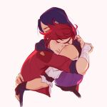  2girls arcane:_league_of_legends arcane_vi bandaged_arm bandages bare_shoulders buckle caitlyn_(league_of_legends) closed_eyes closed_mouth dozyymouse hug jacket league_of_legends multiple_girls purple_hair red_hair red_jacket short_hair simple_background upper_body very_short_hair vi_(league_of_legends) 