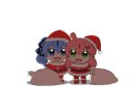  2girls alternate_costume belt belt_buckle blue_eyes blue_hair buckle christmas commentary fake_facial_hair fake_mustache full_body green_eyes hair_ornament hairclip hat hololive hoshimachi_suisei looking_at_viewer mikodanye multiple_girls open_mouth pink_hair sack sakura_miko santa_costume santa_hat seigan_subaru shadow virtual_youtuber white_background x_hair_ornament 