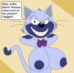  anthro big_breasts bow_around_neck breasts domestic_cat english_text felicia_(what-a-mess) felid feline felis giggle hands_behind_head heavymetalrules hi_res mammal question smile speech_bubble teeth text the_cat_next_door what-a-mess_(series) whiskers 