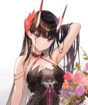  1girl absurdres arm_up armpits azur_lane bangs bare_shoulders black_dress black_hair blunt_bangs blurry blurry_foreground breasts circlet cleavage closed_mouth collarbone depth_of_field dress earrings eyebrows_visible_through_hair flower hand_in_hair highres horns jewelry long_hair looking_at_viewer medium_breasts noshiro_(azur_lane) oni_horns orange_flower orange_rose pink_flower pink_rose purple_eyes rose shaobao_(sdhx3728) simple_background single_earring sleeveless sleeveless_dress smile solo upper_body white_background 