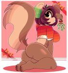  absurd_res anthro bottomless breasts butt christmas clothed clothing elbow_tufts eyebrows eyelashes feet female fluffy fluffy_tail hair hi_res holding_object holidays kneeling looking_at_viewer mammal purple_hair rodent sciurid shelly_(wirelessshiba) short_hair solo tree_squirrel wireless_shiba 