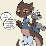  anthro belly bottomless clothed clothing clothing_lift crocodile_skink dialogue digital_media_(artwork) disembodied_hand english_text female flat_chested hi_res itsunknownanon kobold lizard maid_uniform obsius_(paledrake) partially_clothed pregnant pregnant_female red_eyes reptile scales scalie simple_background skink speech_bubble text topwear uniform upskirt 