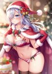  1girl bell bikini black_legwear blue_background blue_eyes blurry blush bra breasts cape christmas christmas_tree cleavage closed_mouth coat collarbone commentary copyright english_commentary flower gloves hair_bell hair_between_eyes hair_flower hair_ornament hair_over_one_eye hair_ribbon hat lace lace-trimmed_bra lace_trim large_breasts long_hair looking_at_another looking_at_viewer looking_to_the_side merry_christmas mitsuba_choco navel original panties purple_hair red_bikini red_bra red_cape red_coat red_gloves red_headwear red_panties ribbon santa_costume santa_dress santa_hat silver_hair smile solo swimsuit thighhighs underwear white_hair 