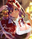  1girl bangs blue_eyes blush breasts brown_hair christmas cleavage corset hair_ribbon highres holding large_breasts long_hair looking_at_viewer nail_polish nambu_01 night original ribbon signature smile solo 