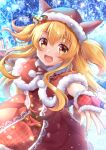  1girl :d animal_ears capelet christmas dress eyebrows_visible_through_hair fingerless_gloves gloves hat horse_ears horse_girl izumi_akane long_hair looking_at_viewer mayano_top_gun_(umamusume) open_mouth orange_eyes orange_hair red_capelet red_dress red_gloves red_headwear smile solo two_side_up umamusume 