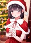  00saya00 1girl bad_hands bangs black_hair blush bob_cut breasts brown_eyes brown_hair christmas christmas_tree cleavage hat highres indoors large_breasts looking_away medium_hair open_mouth original santa_costume santa_hat solo 