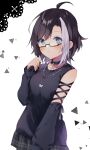  1girl bangs black_hair blue_eyes blush breasts bug butterfly choker frown glasses highres jewelry looking_at_viewer matsusaka_gyuu medium_hair necklace plaid simple_background skirt small_breasts solo standing 