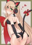  1girl absurdres animal_ears ass bare_shoulders bell blonde_hair blush bow cat_ear_headphones cat_ears cat_tail christmas cla_(finesoda) covering covering_ass cowboy_shot detached_sleeves eyebrows_visible_through_hair from_behind fur_trim girls&#039;_frontline green_eyes hair_between_eyes headphones heart highres long_hair looking_at_viewer looking_back official_alternate_costume red_bow simple_background solo tail thighhighs tmp_(girls&#039;_frontline) tmp_(red-eared_cat)_(girls&#039;_frontline) 