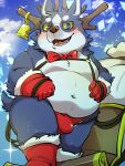  2021 anthro belly blue_body blush bulge canid canine christmas clothing hi_res holidays humanoid_hands kemono male mammal moobs navel outside overweight overweight_male solo tiri_mama underwear white_body 