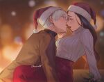  1boy 1girl black_hair boku_no_hero_academia breasts choco_rutt christmas couple dating hat hetero highres imminent_kiss kiss leaning_forward santa_hat skirt sweater todoroki_shouto white_hair yaoyorozu_momo 