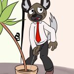  aggressive_retsuko anthro blush bodily_fluids caught desperation genital_fluids genitals haida hi_res holding_penis hyaenid illegaleel improvised_toilet male mammal omorashi peeing peeing_into_container penis penis_through_fly plant_pot poking_out public_urination sanrio solo unzipped unzipped_pants urine 