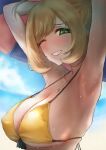  1girl absurdres ahoge armpits arms_behind_head bangs beach_umbrella bikini blonde_hair blush breasts covered_nipples day eyebrows_visible_through_hair front-tie_bikini front-tie_top green_eyes highres idolmaster idolmaster_cinderella_girls large_breasts looking_at_viewer nose_blush one_eye_closed parted_lips satou_shin shaddoll_fusion smile solo sweat swept_bangs swimsuit umbrella upper_body yellow_bikini 