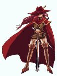  1girl bangs belt boots cape closed_mouth faris_scherwiz final_fantasy final_fantasy_v green_eyes hair_over_one_eye holding holding_sword holding_weapon leather long_hair looking_at_viewer low-tied_long_hair ponytail pose purple_hair red_cape red_headwear red_mage saito_piyoko simple_background smile solo sword tied_hair weapon white_background wind wind_lift 