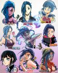  1girl a2t_will_draw akatsuki_uniform araki_hirohiko_(style) arcane:_league_of_legends arcane_jinx arm_tattoo artist_name bare_shoulders black_hair bleach bow braid breasts choker cloud_print cloud_tattoo copyright_name crystal dragon_ball dragon_ball_(object) dragon_ball_z english_commentary english_text explosive eyebrows_visible_through_hair facial_tattoo flare flat_chest frown gloves glowing glowing_eyes goggles goggles_on_head gotouge_koyoharu_(style) grenade hair_bow hair_over_one_eye highres holding isayama_hajime_(style) japanese_clothes jinx_(league_of_legends) jojo_no_kimyou_na_bouken kimetsu_no_yaiba kimono kishimoto_masashi_(style) kubo_tite_(style) league_of_legends long_hair looking_at_viewer medium_breasts multiple_views nail_polish naruto_(series) oda_eiichirou_(style) one_piece parody purple_hair saiyan_armor shingeki_no_kyojin short_hair smile style_parody tattoo tearing_up titan_(shingeki_no_kyojin) toriyama_akira_(style) twin_braids twitter_username 