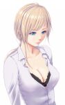  1girl black_bra blonde_hair blue_eyes bra breasts byo_(daigakunote) cleavage commentary_request highres large_breasts long_sleeves original revision see-through shirt short_hair simple_background solo underwear upper_body white_background 