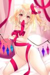  1girl blurry blurry_background crystal flandre_scarlet foot_out_of_frame highres long_hair looking_at_viewer mouth_hold naked_ribbon no_hat no_headwear one_side_up ribbon solo tosakaoil touhou wings 