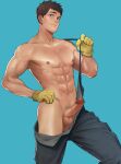  1boy abs absurdres black_pants blue_background brown_hair censored clothes_pull cowboy_shot erection firefighter gloves green_eyes hand_on_hip hand_up highres large_pectorals legs_apart light_smile looking_at_viewer male_focus male_pubic_hair mosaic_censoring muscular muscular_male naoki_(xhju8282) navel nipples no_male_underwear original pants pants_pull pectorals penis pubic_hair short_hair simple_background solo standing suspenders suspenders_pull testicles yellow_gloves 