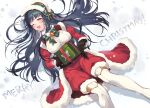  1girl ;d boots box breasts feet_out_of_frame fur-trimmed_shorts fur_trim gift gift_box green_hair highres idolmaster idolmaster_million_live! juliet_sleeves kitakami_reika large_breasts long_hair long_sleeves looking_at_viewer lying merry_christmas nys on_back one_eye_closed puffy_sleeves santa_costume shorts smile snow solo straight_hair thigh_boots thighhighs 