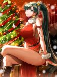  1girl alternate_costume arm_ribbon bell black_footwear blurry box breasts christmas christmas_ornaments christmas_tree commentary crossed_legs delsaber earrings fire_emblem fire_emblem:_the_binding_blade fur-trimmed_collar gem gift gift_box green_hair hair_between_eyes hair_ornament highres indoors jewelry large_breasts long_hair looking_to_the_side lyn_(fire_emblem) ponytail red_ribbon ribbon santa_costume sitting smile snow solo star_(symbol) very_long_hair 