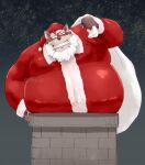  2021 anthro belly big_belly blush canid canine canis christmas christmas_clothing christmas_headwear clothing hat headgear headwear hi_res holidays iwano kemono male mammal night obese obese_male outside overweight overweight_male santa_claus santa_hat solo wolf 