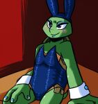  3_fingers anthro blue_clothing blue_eyes blue_eyeshadow blue_lips blue_makeup blue_nails blush bodysuit bunny_costume clothed clothing collar colored_nails comic costume digital_media_(artwork) eyeshadow fake_ears fake_rabbit_ears fingers front_view girly green_body inkyfrog leonardo_(tmnt) lips makeup male nails reptile rosy_cheeks scalie seductive shell sitting skinsuit smile solo teenage_mutant_ninja_turtles tight_clothing turtle white_collar 