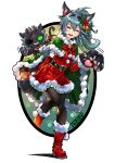  1girl animal_ears animal_hands bangs bell belt black_belt black_hairband black_legwear blue_hair boots bow cape cat_ears christmas closed_eyes commentary dress facing_viewer flower fur-trimmed_cape fur-trimmed_dress fur_trim gift gloves green_cape hair_bell hair_flower hair_ornament hairband highres holding holding_gift holly itou_youichi jingle_bell leaning_forward leg_up long_hair long_sleeves motion_lines neck_bell object_behind_back open_mouth pantyhose paw_gloves paw_print ponytail puzzle_&amp;_dragons red_bow red_dress red_footwear romia_(p&amp;d) santa_boots santa_dress smile solo standing standing_on_one_leg white_background zuoh_(p&amp;d) 