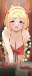  1girl :o absurdres aki_rosenthal all_fours antlers bangs bare_arms bare_legs bare_shoulders barefoot bed bikini blonde_hair blue_eyes blurry blurry_background blurry_foreground blush bow bow_bikini breasts christmas christmas_present cleavage collarbone curtains eyebrows_visible_through_hair fake_antlers gift halterneck headband highres hololive indoors large_breasts lights looking_at_viewer night on_bed open_mouth red_bikini sidelocks smile solo swimsuit twin_(tt_lsh) virtual_youtuber window 