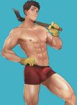  1boy abs absurdres axe blue_background boxer_briefs brown_hair bulge cowboy_shot erection erection_under_clothes firefighter gloves green_eyes hand_on_hip hand_up highres holding holding_axe large_pectorals legs_apart light_smile looking_at_viewer male_focus male_underwear muscular muscular_male naoki_(xhju8282) navel navel_hair nipples original pectorals red_male_underwear short_hair simple_background solo standing underwear underwear_only yellow_gloves 