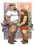  2021 absurd_res anthro blush brown_body bulge canid canine canis christmas christmas_tree clothed clothing domestic_dog duo erection erection_under_clothing felid hi_res holidays humanoid_hands inside jeck kemono lifewonders lion male male/male mammal musclegut overweight overweight_male pantherine plant shirt tail_motion tailwag tokyo_afterschool_summoners topwear tree underwear video_games yasuyori 