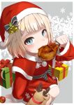  1girl animal_on_lap bird box braid capelet cevio chicken christmas christmas_ornaments commentary dip-dyed_hair dress eating english_commentary food foreshortening from_above fur-trimmed_capelet fur-trimmed_dress fur-trimmed_headwear fur_trim gift gift_box grey_background haiyuki_yuki hand_up hat highres holding holding_food light_blue_eyes looking_at_viewer one_(cevio) orange_hair platinum_blonde_hair pom_pom_(clothes) red_headwear reindeer santa_costume santa_dress santa_hat sitting snowflake_print snowflakes solo 