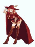  1girl boots cape closed_mouth earrings final_fantasy final_fantasy_v green_eyes hat high_heels jewelry leaning_forward lenna_charlotte_tycoon long_sleeves looking_at_viewer pink_hair pose puffy_long_sleeves puffy_sleeves red_cape red_headwear red_mage saito_piyoko short_hair skirt smile solo standing thigh_boots thighhighs 