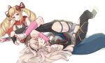  2girls :p armor blonde_hair blush bow clenched_teeth corrin_(fire_emblem) elise_(fire_emblem) fire_emblem fire_emblem_fates fire_emblem_heroes gloves hair_bow hair_ribbon hairband highres jaegan long_hair multiple_girls pointy_ears purple_eyes ribbon simple_background submission_hold teeth tongue tongue_out twintails white_hair wrestling 