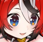  1girl absurdres black_hair blue_eyes blurry cheese close-up collar commentary food hakos_baelz highres hololive hololive_english kaiend meme mouse_girl multicolored_hair ogey_rrat_(meme) parted_lips red_hair solo spiked_collar spikes streaked_hair symbol-shaped_pupils usada_pekora virtual_youtuber white_hair 