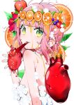  1girl apple aqua_eyes bangs blueberry_hair_ornament blunt_bangs breasts convenient_censoring curly_hair dripping eating flower food food-themed_hair_ornament fruit gradient_eyes hair_flower hair_ornament heart_(organ) highres juice leaf_hair_ornament liquid looking_at_viewer looking_back multicolored_eyes nude orange_(fruit) orange_slice original pink_hair short_hair small_breasts soap_bubbles soap_censor solo strawberry watariganikun white_background yellow_eyes 