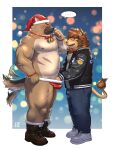  2021 absurd_res anthro belly blush bottomwear brown_body bulge canid canine canis christmas christmas_clothing christmas_headwear clothing domestic_dog duo eyes_closed felid hat headgear headwear hi_res holidays humanoid_hands jeck kemono lifewonders lion male male/male mammal musclegut navel nipples overweight overweight_male pantherine pants santa_hat tail_motion tailwag tokyo_afterschool_summoners underwear video_games yasuyori 