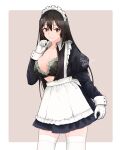  1girl apron arm_up bangs black_bra bra breasts brown_eyes center_opening chikuma_(kancolle) cleavage collarbone eyebrows_visible_through_hair gloves hair_between_eyes highres kantai_collection large_breasts long_hair long_sleeves looking_at_viewer maid maid_apron maid_headdress mochizou open_clothes open_shirt smile standing thighhighs two-tone_background underwear white_gloves white_legwear 
