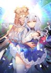  2girls :d absurdres aurora_(fate) bangs bare_shoulders blonde_hair blood blood_on_face blood_on_hands blue_skirt braid breasts butterfly_wings closed_eyes fairy_knight_lancelot_(fate) fate/grand_order fate_(series) fingernails flower frilled_skirt frills hair_flower hair_ornament hairclip headpiece highres long_hair long_sleeves may_(2747513627) medium_breasts multiple_girls open_mouth parted_bangs parted_lips petals pleated_skirt pointy_ears puffy_long_sleeves puffy_sleeves sharp_fingernails shirt skirt smile thighhighs very_long_hair white_hair white_legwear white_shirt wings yellow_flower 