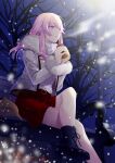  1girl bench blush boots can frown holding jacket looking_away mzkk_1826 night original pink_eyes pink_hair sitting skirt snow solo turtleneck winter 