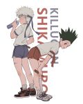  2boys absurdres back-to-back bandages bare_legs black_hair bottle child commentary gon_freecss highres hunter_x_hunter killua_zoldyck looking_at_viewer luye_yuan male_focus multiple_boys shirt shorts socks sweat water_bottle white_background white_shirt 