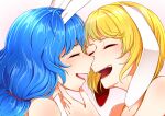  2girls animal_ears blonde_hair blue_hair closed_eyes floppy_ears hands_on_another&#039;s_face highres kaisenpurin long_hair multiple_girls open_mouth rabbit_ears ringo_(touhou) seiran_(touhou) short_hair smile touhou yuri 