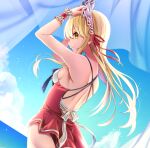  1girl ass backless_dress backless_outfit blonde_hair blue_sky closed_mouth cloud dress dutch_angle floating_hair from_side hair_between_eyes hair_ribbon long_hair looking_to_the_side ocean outdoors profile red_dress red_ribbon ribbon sea_scorpion_(umisasori) short_dress shoulder_blades sky sleeveless sleeveless_dress solo summer touhou touhou_(pc-98) very_long_hair white_ribbon wrist_cuffs yellow_eyes yumeko_(touhou) 