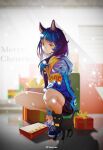  1girl animal_ears bell blue_hair blush cat cat_ears christmas gift highres holding liuxn looking_away medium_hair merry_christmas open_mouth original ribbon shorts solo squatting thighs 