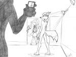  anthro butt camera cirruskitfox clothing dress female group holding_object humiliation inside male mammal misha_(gammaeradon) monochrome nude open_mouth phone shower sketch smile tongue_showing 
