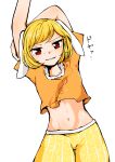 1girl absurdres animal_ears commentary_request floppy_ears highres kaisenpurin navel no_hat no_headwear orange_shirt rabbit_ears red_eyes ringo_(touhou) shirt short_hair shorts smile solo stretch touhou translated yellow_shorts 