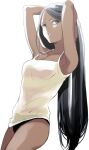  1girl absurdres armpits arms_up bare_legs black_hair black_panties collarbone dark-skinned_female dark_skin facial_mark green_eyes gundam hair_down hands_in_hair highres lalah_sune long_hair looking_at_viewer mobile_suit_gundam oh_syz panties parted_lips shirt simple_background sleeveless sleeveless_shirt solo spaghetti_strap standing straight_hair underwear very_long_hair white_background white_shirt 