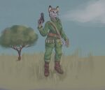  anthro army blue_eyes brown_body brown_fur domestic_cat felid feline felis female fur grass gun hi_res mackmcstacks mammal military plant ranged_weapon solo tree weapon white_body white_fur 