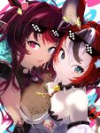  2girls absurdres animal_ears asymmetrical_bangs bangs bare_shoulders black_hair bow breast_press breast_squeeze breasts cheese choker cleavage deal_with_it demon_girl demon_horns dice eyewear_on_head fangs food getto glasses hair_between_eyes hakos_baelz heart heterochromia highres holocouncil hololive hololive_english horns hug irys_(hololive) key large_breasts long_hair looking_at_viewer medium_breasts mouse_ears mouse_girl mouse_tail multicolored_hair multiple_girls pointy_ears red_hair see-through spiked_choker spikes sticker sunglasses symbol tail tail_ornament teeth upper_body virtual_youtuber yuri 