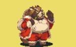  2021 anthro belly bottomwear brown_body canid canine christmas clothing gyobu holidays humanoid_hands kemono lifewonders male mammal moobs nanadragon4 navel nipples overweight overweight_male pants raccoon_dog santa_claus simple_background solo tanuki tokyo_afterschool_summoners video_games 