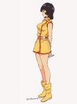  1girl arms_behind_back bangs black_eyes black_hair boots breasts dress fa_yuiry from_side full_body gloves grey_background gundam highres light_smile looking_ahead medium_breasts niwa orange_belt short_hair signature skirt smile solo standing white_gloves yellow_footwear yellow_skirt zeta_gundam 